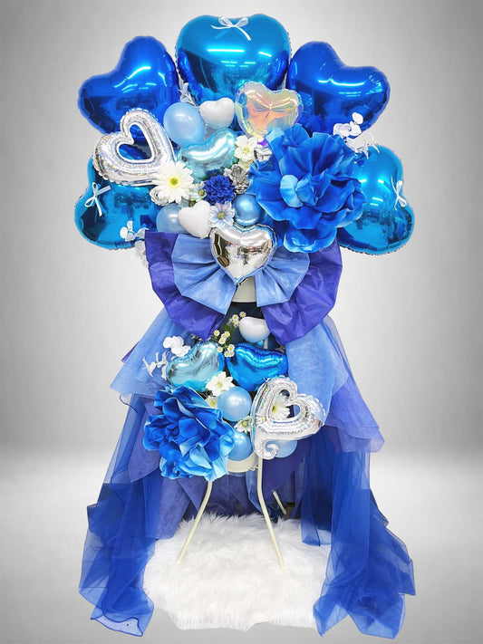 Re:Bloom ブルーハートエレガントバルーンスタンド 青いハートバルーンとブルーフラワーの祝い花スタンド