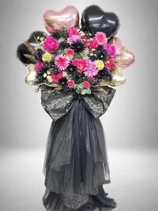 Re:Bloom ブラックピンクラグジュアリーバルーンスタンド ブラックとピンクの花とゴールドバルーンを使用した高級感あるフラワースタンド